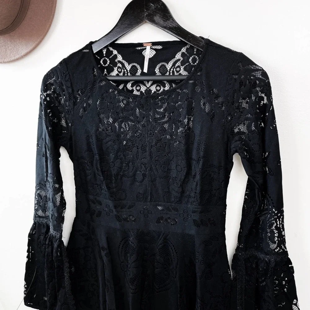 Free People Black Lace Long Sleeve Mini Dress